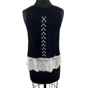 Generation Love Black Linen White Lace Hem Lace-Up Back Tank Sleeveless Top M